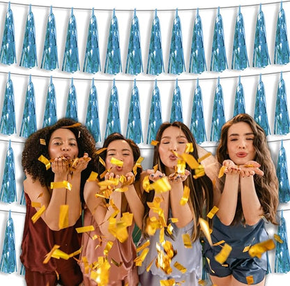 4P Light Blue Foil Fringe Tassel Banner Garland Metallic Tinsel Streamers Wall Hanging Curtain Backdrop Banner for Parade Floats, 2024 Graduation Decorations, Wedding Party Decoration