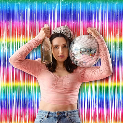 BRAVESHINE Fringe Backdrop Tinsel Foil Curtains - 2 Pack Colorful Metallic Streamers Backdrops for Doorway Decor/80's/90's/Dance/Graduates/Rainbows-Theme/Candylands/Kids Birthdays Party Decorations