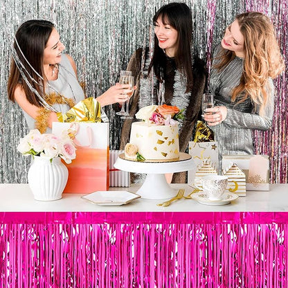3 Pack 29 x108 Inch Fuchsia Foil Fringe Table Skirts Metallic Banner for Tinsel Streamer Garland Backdrop for Parade Floats Mother's Day, Graduate, Birthday, Wedding Party Decoration