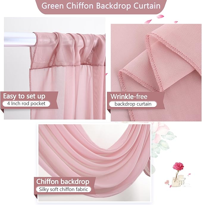 PARTISKY 10x7ft Dusty Rose Chiffon Backdrop Curtains, Wrinkle-Free Sheer Fabric Photo Drapes for Wedding Ceremony Arch Birthday Baby Shower Photography Stage Decor 5X 7ft, 2 Panel