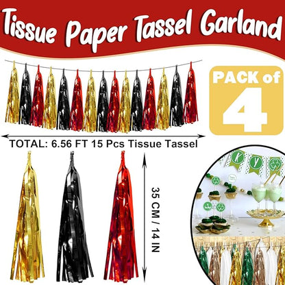 4P Black-Red Gold Foil Fringe Metallic Tassel Garland, Tassels Banner Streamers for Parade Floats, Bachelorette, Wedding, Birthday, Halloween, Christmas, Bridal/Baby Shower Party Decorations