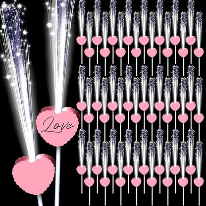 50 Pcs Wedding Sparklers Heart Shaped LED Glow Sticks Fiber Optic Wands Light up Wand with 3 Light Mode for Wedding Bridal Shower Birthday Glow in the Dark Party Supplies (Pink)