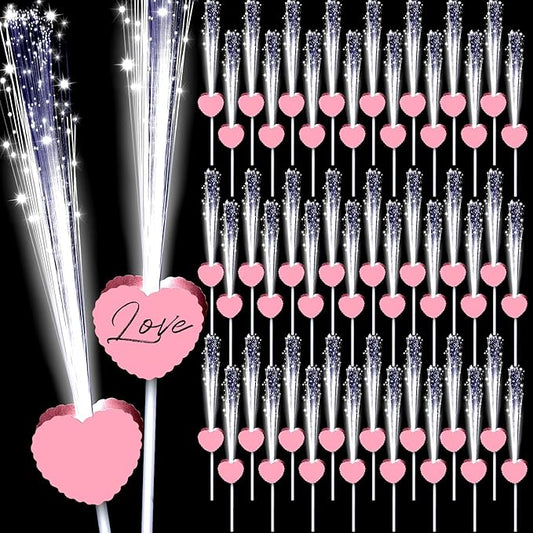 50 Pcs Wedding Sparklers Heart Shaped LED Glow Sticks Fiber Optic Wands Light up Wand with 3 Light Mode for Wedding Bridal Shower Birthday Glow in the Dark Party Supplies (Pink)