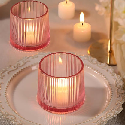 Pink Ribbed Tealight Votive Candle Holders- 6Pack Glass Candle Holders for Table Centerpiece, Home Decor, Wedding Decor, Party Dinner