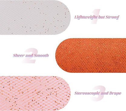 Glitter Tulle Rolls 6” by 50 Yards Sparkle Tulles Fabric Ribbon Sequin Tulle Netting Rolls for DIY Tutu Skirt Wedding Birthday Party Decoration (Orange)