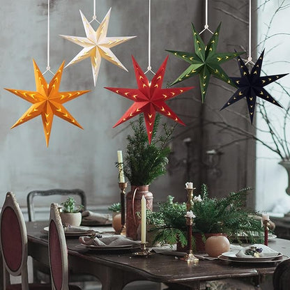 EASY JOY 5-Piece 7-Pointed Paper Star Decoration With Light - 12 Inch 3D Paper Star Lantern for Christmas, Home, Party, Wedding, Birthday