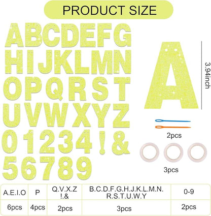 BEISHIDA 116 PCS Glitter Color Yellow DIY Letter Banner Kit Make Your Own Banner，Including 111 Letters and Numbers 3 Rope and 8 Threading Device,Customized for Birthday Graduation Wedding Party Decor
