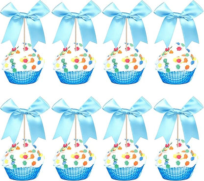 24 PCS Bow Cupcake Toppers Bowknot Cake Toppers Bow Girls Birthday Cake Decorations Bow Cake Dessert Picks Bowknot Cupcake Picks for Baby Shower Birthday Wedding Bridal Engagement Party Supplies Blue
