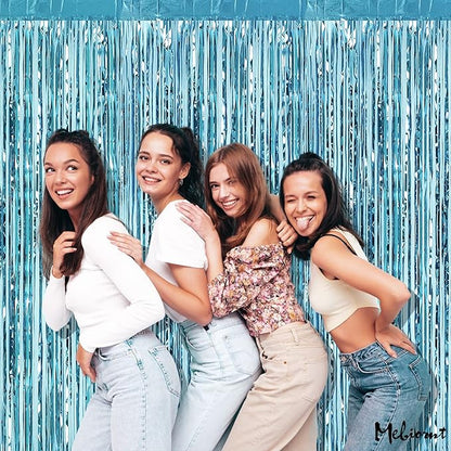 4 Pack Fringe Curtain Backdrop, 3.2Ft x 6.6Ft Light Blue Metallic Tinsel Foil Fringe Streamers Background for Photo Booth Birthday Wedding Baby Shower Easter Pool Ocean Underwater Party Decorations