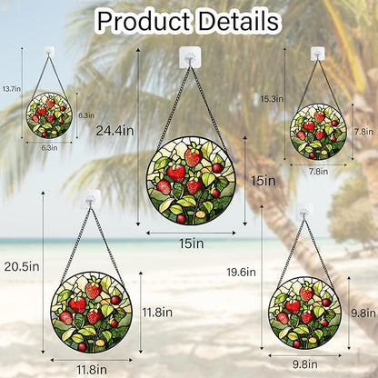 Stained Glass Window Hanging - Red Strawberry Suncatcher for Doors Window Home Green Plant Sun Catchers Decor Christmas Mother's Day Birthday Gifts for Teacher Women Men Mom Nana 7.8 in