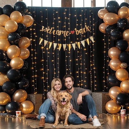 Black Backdrop Curtain with Lights String for Parties,10x10FT Wrinkle Free Black Drapes Wedding Photo Backdrop Curtains for Baby Shower Birthday Ceremony Reception Home Party Decorations