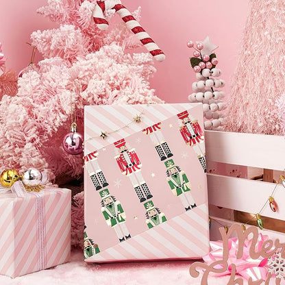 LeZakaa Christmas Pink Wrapping Paper Jumbo Roll for Kids, Pink Metallic Foil Gift Wrap Paper with Red & Green Nutcracker Soldier & Stripe Reversible Design, 30 inches x 32.8 Feet