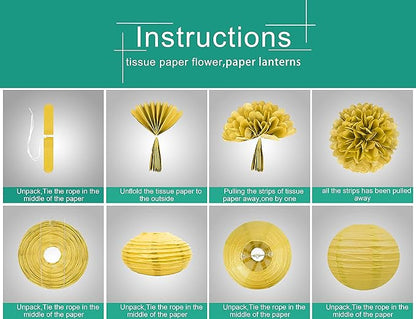 White Gold Teal Party Decorations – 15Pcs Tissue Paper Flowers Pom Poms Paper Lanterns for Women Birthday Party Decoration Baby Shower Bridal Shower Bachelorette Engagement