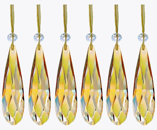 Crystal Glass Christmas Ornaments, 6Pcs Teardrop Prism Hanging Crystals for Christmas Tree,Centerpieces,Wedding,Party Decor (Gold)