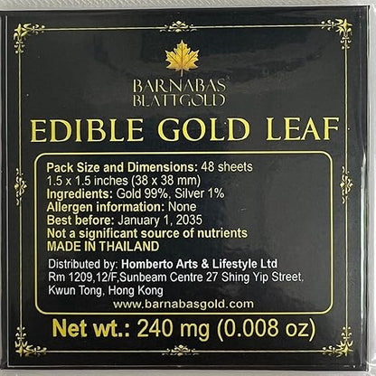 Barnabas Blattgold Edible Gold Leaf 24K - Cake Decorations, Loose Gold Leaf Sheets for Cupcakes - 1.5 inches, Interleaf of 48
