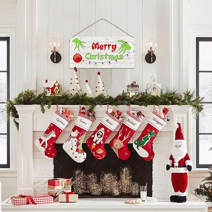 Merry Christmas Hanging Door Sign, Crazy Funny Green Festive Wooden Wall Welcome Decor Winter Farmhouse Style Outdoor Indoor Xmas Tree Ornaments for Home Office Holiday Party