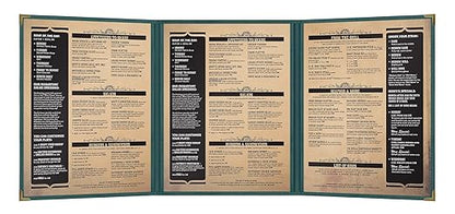 Goodsmart Pajco Style Restaurant Menu Covers – Pack of 10, Side-Load Fold-Out Menu Holders, Single Stitched Edge Clear Vinyl Menu Sleeves, Leatherette Trim Gold Corners, Green, 3 View (8.5" x 11")