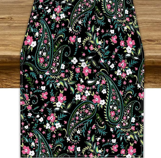 Paisley Table Runner, Abstract Vintage Boho Pink Paisley Flowers Green Teal Leaves Print Table Runner for Dinning Holiday Party Indoor Outdoor Decor, 13x60inch