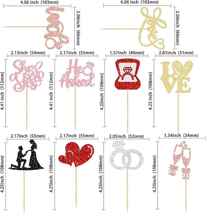 Ephlyn 30Pcs He Asked She Said Yes Cupcake Toppers Glitter Engagement Cupcake Toppers Diamond Ring Heart Love I Do Cupcake Picks for Engagement Wedding Party Cake Decorations Multicolor