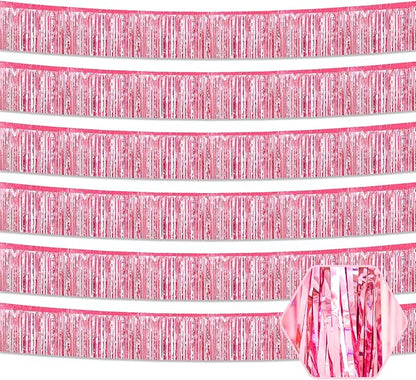 6 Pack 10 Feet Pink Foil Fringe Garland Metallic Tinsel Streamers Banner Wall Hanging Curtain Backdrop for Parade Floats, Birthday, Graduate, Mother's Day, Wedding Party Decoration