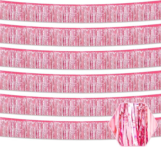 6 Pack 10 Feet Pink Foil Fringe Garland Metallic Tinsel Streamers Banner Wall Hanging Curtain Backdrop for Parade Floats, Birthday, Graduate, Mother's Day, Wedding Party Decoration