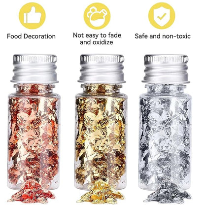 Edible Gold Leaf, Gold Leaf Cake Decoration Gold Flakes Food Gold Foil Decoration Baking Gold Foil Decor Chocolates Decor Gold Leaf Sheets for Cooking Dessert Decoration Crafts Makeup (Gold Silver Rose Gold)