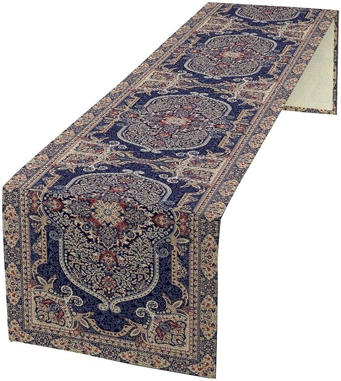 Vintage Boho Floral Table Runner, French Rustic Country Farmhouse Purple Golden Bohemia Flower Pattern for Home Kitchen Table Decor Dining Coffee Room Party Decor 13x90in