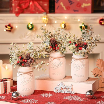 Christmas Mason Jars, Set of 3 White Painted Jars with Artificial Pine and Berries in Wood Tray, Christmas Centerpieces for Dining Table, Winter Home Decor