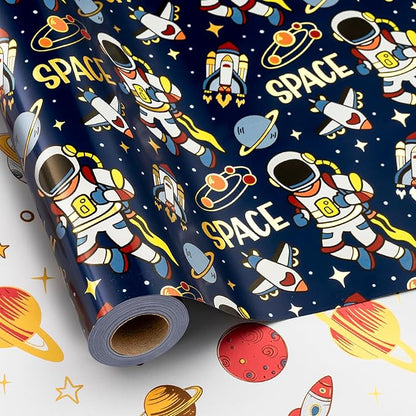 Yarcony Space Wrapping Paper Roll, Birthday Wrapping Paper for Boys, Navy Blue Astronaut Gift Wrap for Kids Birthday Outer Space Party Decor RocketShip Wrap Galaxy Planets Stars (30 Inch X 33 Feet)