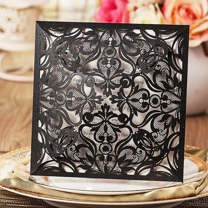 Hosmsua 50PCS Personalized Black Laser Cut Hollow Lace Rose Invitation Cards with Envelopes 6.3 x 6.3 Inch Wedding Invitations for Engagement Wedding Invite (Customized Printed)