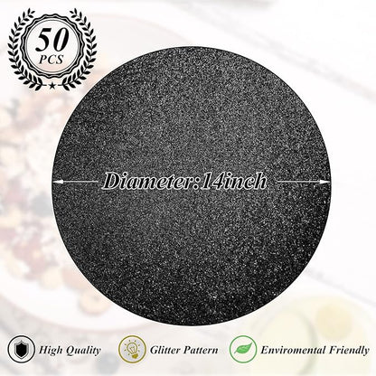50 Pieces Black Glitter Paper Place Mats Sparkle 14'' Round Disposable Table Mats Black Doilies Decorative Placemats for Wedding Banquet Party Home Dining Table Decor