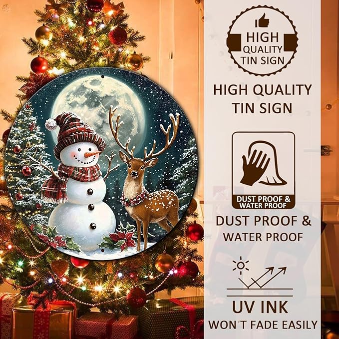 Christmas Snowman Decor Round Metal Tin Sign Christmas Deer Vintage Tin Sign for Home Coffee Wall Decor for Christmas Family Wall Decoration 12 * 12 in
