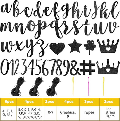 TaoBary 167 Pcs DIY Banner Kit Happy Birthday Glitter Banner Customizable Glitter Make Your Own Kit 162 Letters Symbols and Numbers 3 Rope for Birthday Halloween Wedding Christmas(Black)