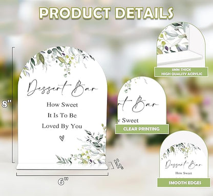 Greenery Dessert Bar Sign, 6 x 8 Inch White Arch Acrylic Wedding Sign with Holder, Wedding Sign for Ceremony and Reception, Wedding Decoration, Wedding Supplies - LY21