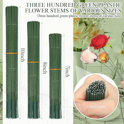 300pcs Artificial Flower Stems, 6.7in、8in、10in Plastic Green Floral Wire Stems for Artificial Flower Making, DIY Crafts Bouquet Stem Arrangements Decor Supplies
