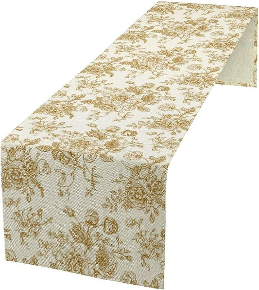 Retro Floral Table Runner, Golden White Wildfloral Sketch Print Kitchen Dinning Table Runner for Indoor Outdoor Home Wedding Party Holiday, 13x70 Inch
