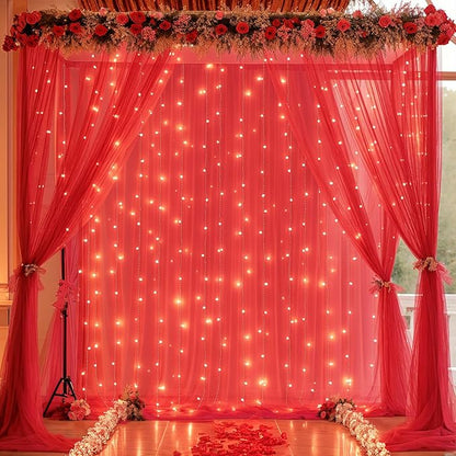 30×10ft Red Tulle Backdrop Curtain with Lights String for Parties, Sheer Photo Backdrop Curtains for Wedding Party Photography Background