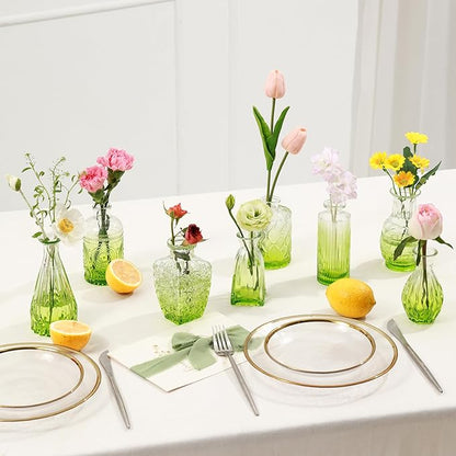 Vintage Small Glass Vases Set of 10,Mini Bud Vases for Flowers,Amber Glass Vases for Centerpieces,Wedding Decorations,Home Table Flower Decor (Olive Green)