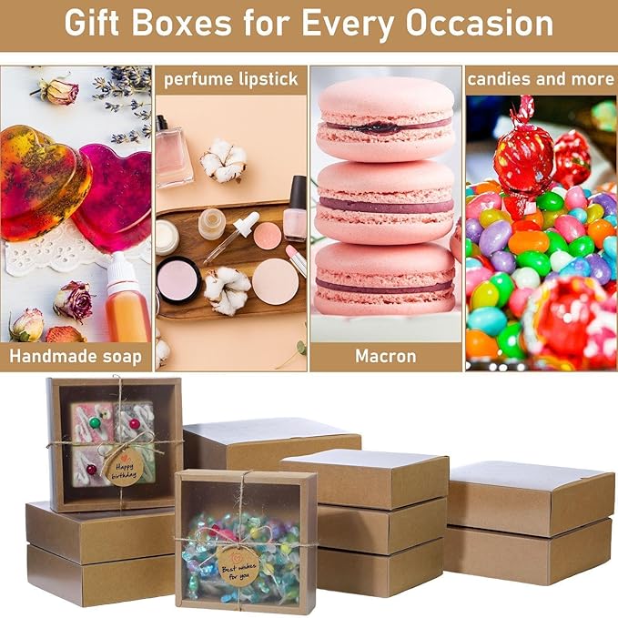 Roowest 50 Sets Kraft Soap Boxes Rectangle Packaging Box with Window Homemade Gift Box with Blank Tags and Jute String for Jewelry Candy Wrapping Party Favor(6.5 x 6.5 x 2 Inch,Kraft Color)