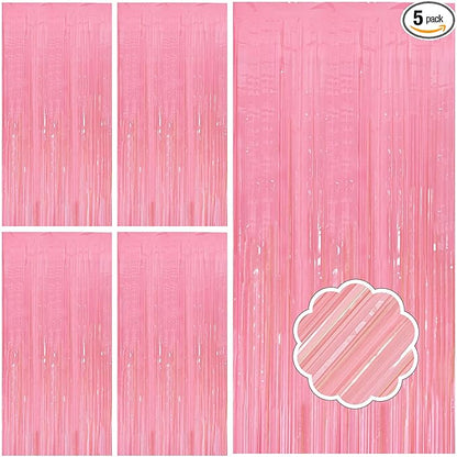 5 Pack Pink Tinsel Curtain Party Backdrop Foil Fringe Light Pink Halloween Baby Shower Valentines Wedding Birthday Decorations for Women