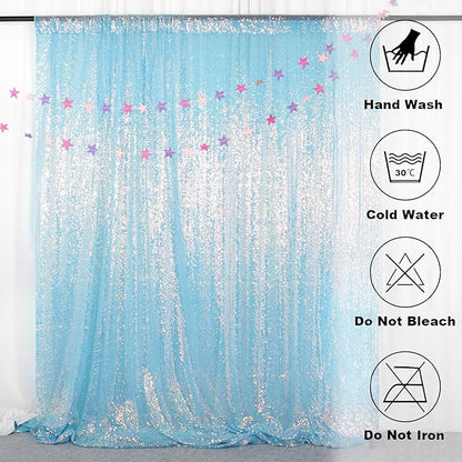 ShinyBeauty Aqua Photo Backdrop 8FTx10FT Sequin Curtain Sparkle Drapes Iridescent Blue Mermaid Fabric Backdrops for Photograph, Birthday, Wedding Background