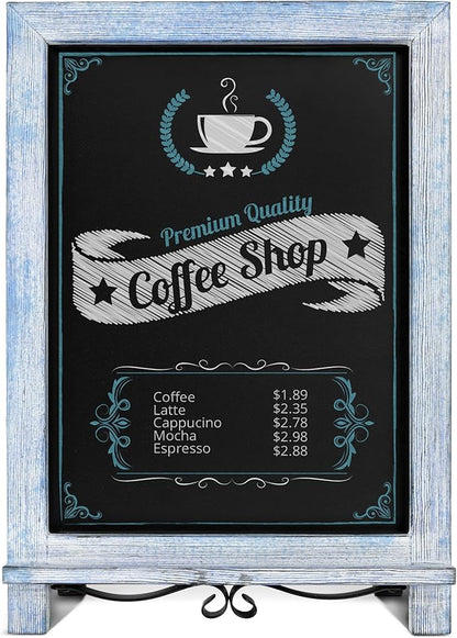 HBCY Creations Rustic Blue & White Tabletop Chalkboard with Legs/Vintage Wedding Table Sign/Small Kitchen Countertop Memo Board/Antique Wooden Frame (12" x 17", 5- Rustic Blue)