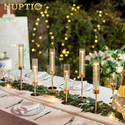 NUPTIO Hurricane Candle Holder for Centerpiece: Set of 6 Tall Candle Stick Holder with Ribbed Glass Cover - Bulk Fluted Taper Candlestick Decor for Living Room Thanksgiving Christmas
