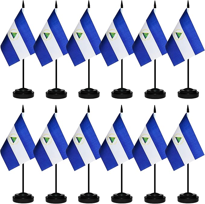 12 Pack Nicaragua Desk Flags Set, Nicaraguan Small Mini Table Office Flags with 12" Solid Black Pole, 8.2 x 5.5 Inches, Home and Office Decoration, Festival Celebrations