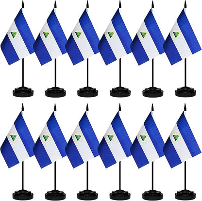 12 Pack Nicaragua Desk Flags Set, Nicaraguan Small Mini Table Office Flags with 12" Solid Black Pole, 8.2 x 5.5 Inches, Home and Office Decoration, Festival Celebrations