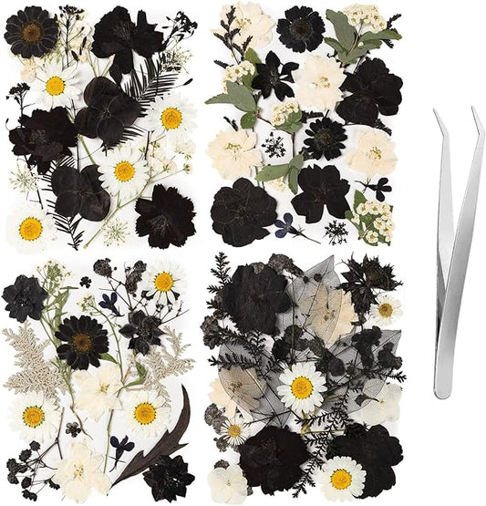 78 Pcs Black and White Dried Pressed Flowers with Tweezer, Halloween Themed Real Dried Flowers Leaves for DIY Crafts Resin Molds, Dried Flowers for Autumn Halloween Decorations