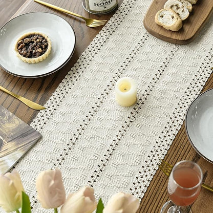 Artoid Mode Beige Farmhouse Woven Rustic Hollow Table Runner, Seasonal Holiday Kitchen Dining Table Decoration for Home Party Decor 12x36 Inch