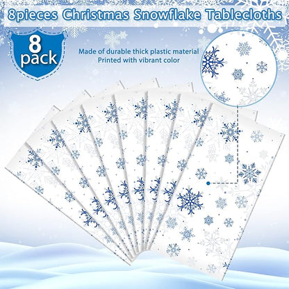 8 Pieces Snowflake Christmas Party Tablecloth Decorations,Plastic White Snowflake White Blue Xmas Backdrop Sign Table Cover Banner for Winter Christmas Holiday Party Supplies,54x108 inch（White/Blue）
