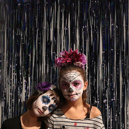 Foil Fringe Curtains Halloween Decor Indoor Party Decorations - Melsan 3 Pack 3.2 x 8.2 ft Black Tinsel Curtain Photo Backdrop for Birthday Decorations Retirement Party Decorations Black