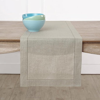 Solino Home Linen Natural Table Runner 120 Inches Long - 100% Pure Linen Hemstitch 14 x 120 Inch Table Runner for Dining, Fall, Autumn, Thanksgiving, Christmas - Classic Hemstitch
